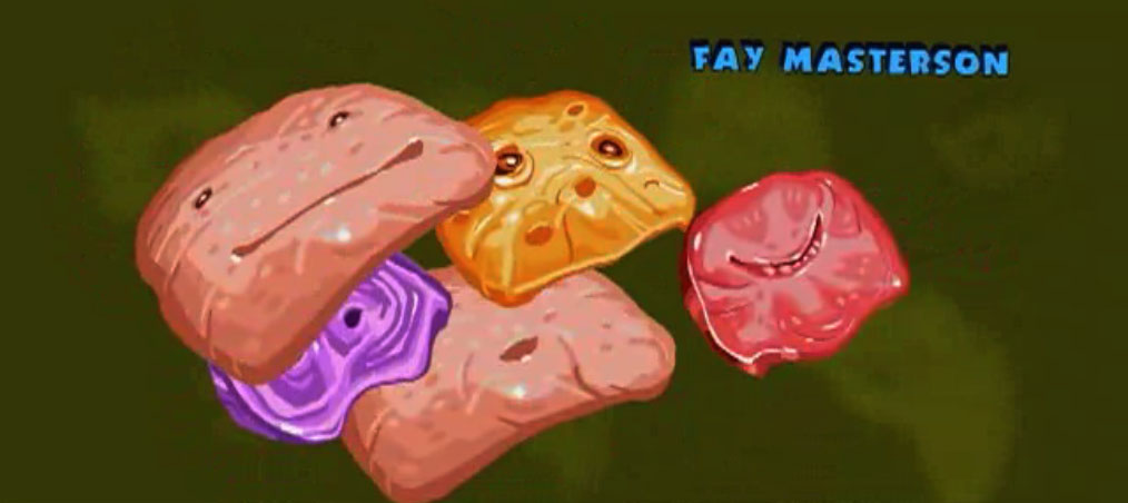 The surreal and skewed lyrics and music to the opening title song were written by Larry Blamire, beautifully arranged, orchestrated and conducted by Christopher Caliendo and performed by the wonderful Manhattan Transfer. The music and lyrics took the lead in this dance as I strived to make the art echo the dreamy tempo and words of the opening titles. This screencap goes with the lyrics; "That barren plain of matter smack on the front of your head, between your face and hairline like sandwich cloaked in bread" as these foreheads assemble into a lovely and nutritious sandwich.